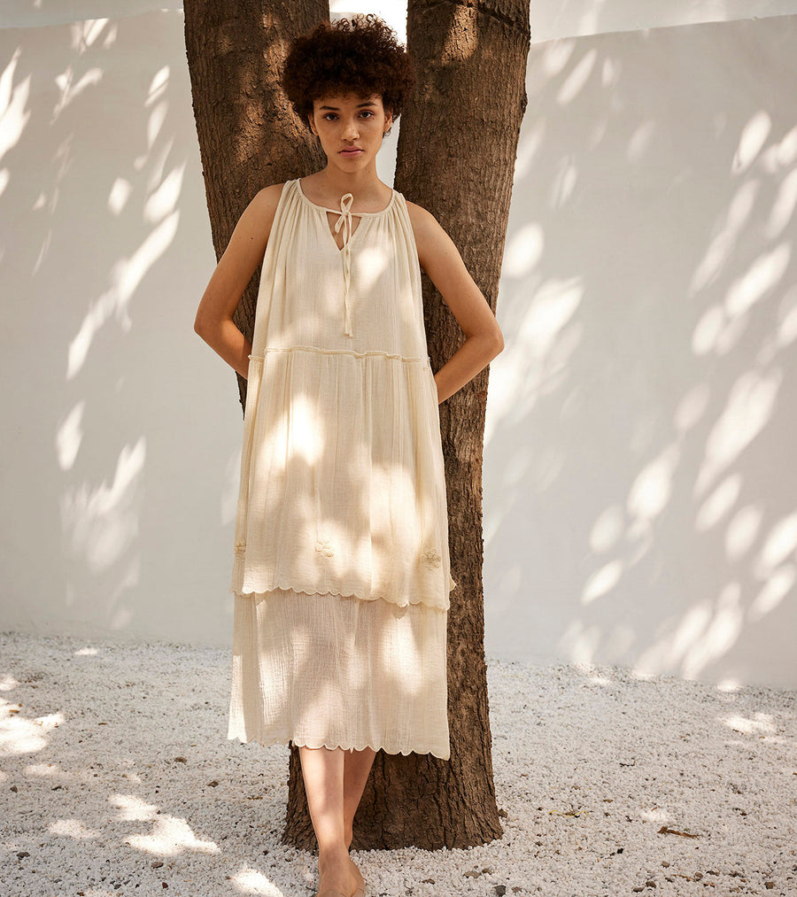 A Model Wearing Beige Pure Cotton Cloudy Dreams Midi Dress, curated by Only Ethikal