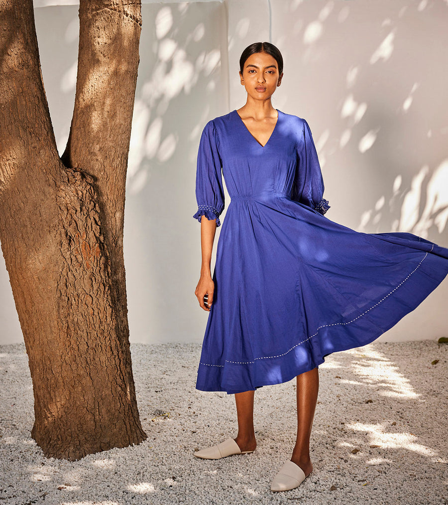 A Model Wearing Blue Pure Cotton Bustling Wind Dress, curated by Only Ethikal