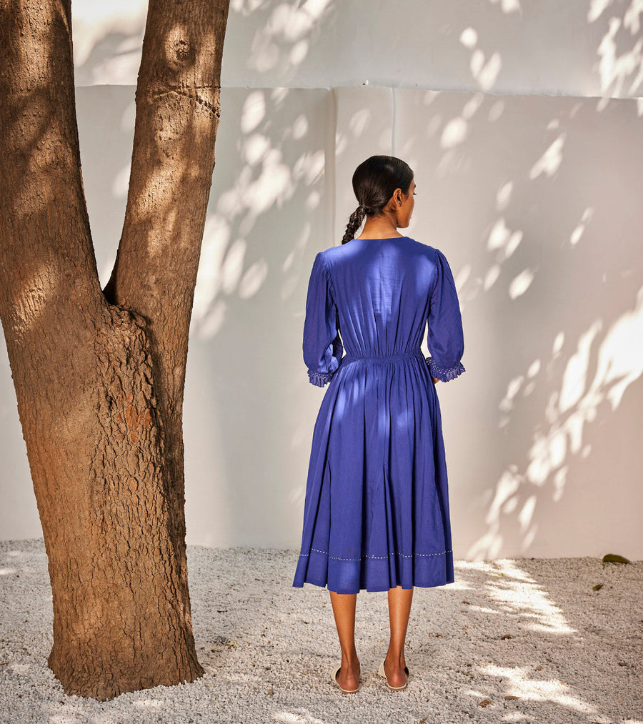 A Model Wearing Blue Pure Cotton Bustling Wind Dress, curated by Only Ethikal