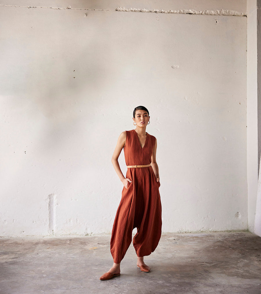 A Model Wearing Red Linen Morning Glory, curated by Only Ethikal