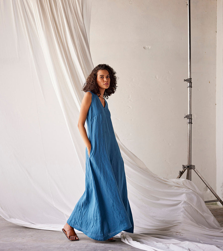 A Model Wearing Blue Linen Tambola Nights, curated by Only Ethikal