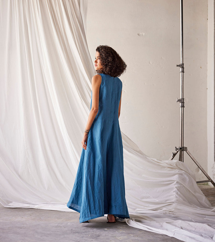 A Model Wearing Blue Linen Tambola Nights, curated by Only Ethikal