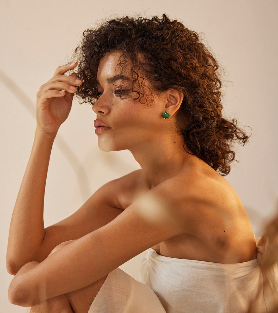 A Model Wearing Green 1 micron gold plated. Aakar Earring- Green, curated by Only Ethikal
