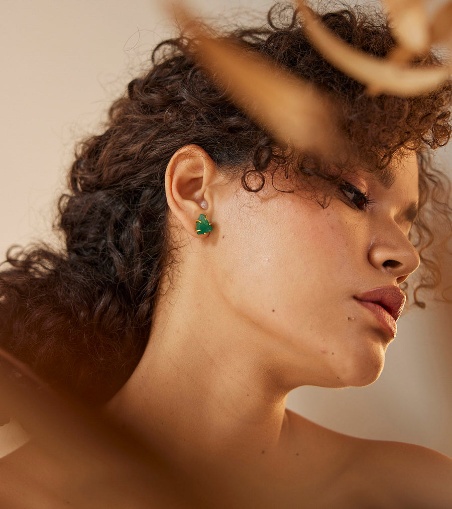 A Model Wearing Green 1 micron gold plated. Aakar Earring- Green, curated by Only Ethikal