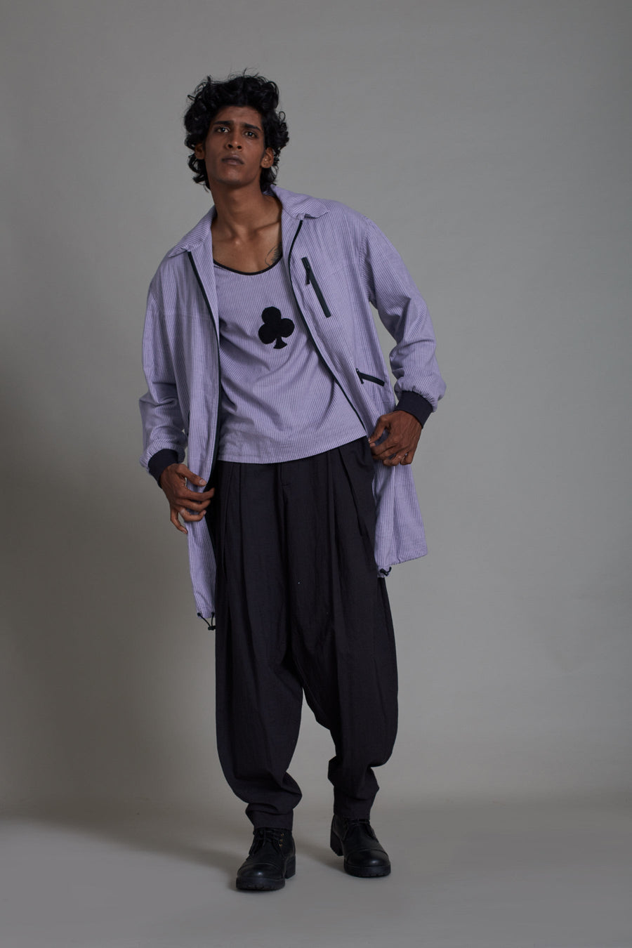 A Model Wearing Purple Pure Cotton Men's Black Jack Set-Lavender, curated by Only Ethikal