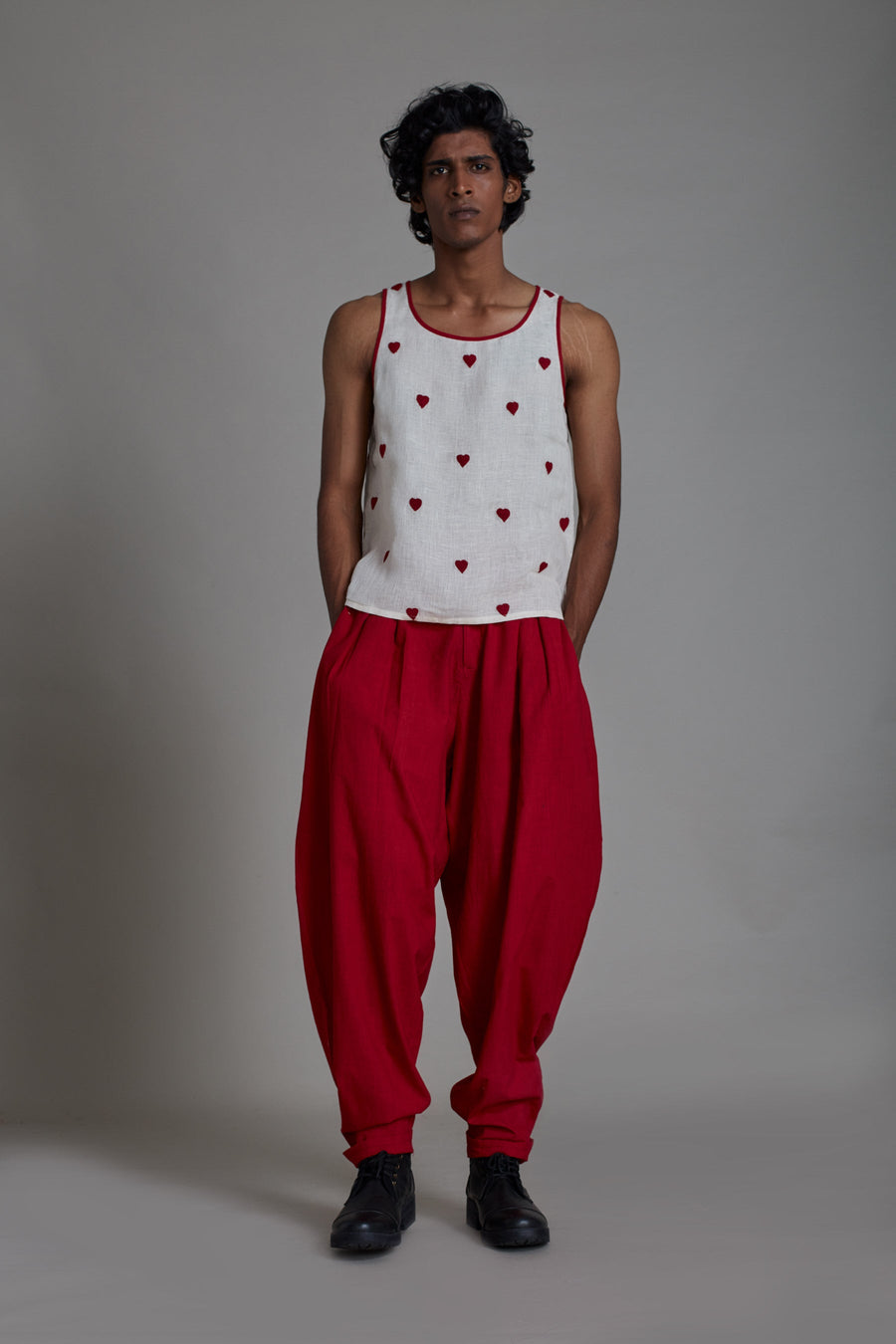 A Model Wearing White Pure Cotton Men's Linen Tank Top-Hearts, curated by Only Ethikal