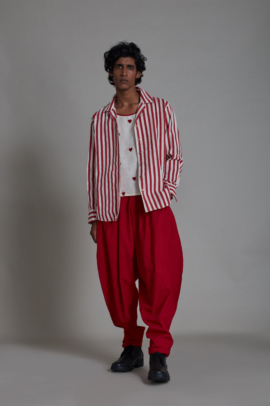 A Model Wearing White Pure Cotton Men's Striped Shirt-Red, curated by Only Ethikal