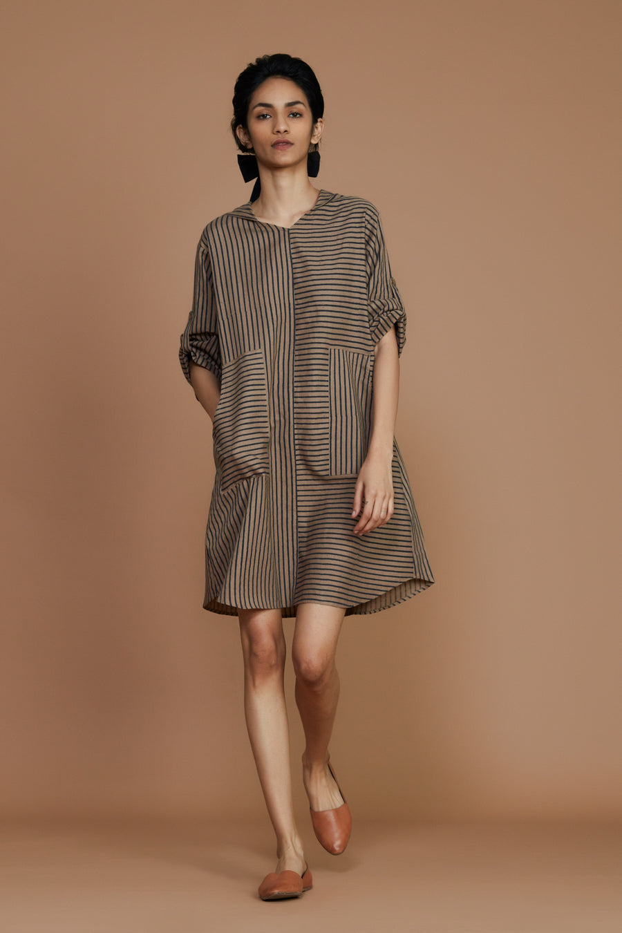 Brown With Charcoal Striped Hooded Dress