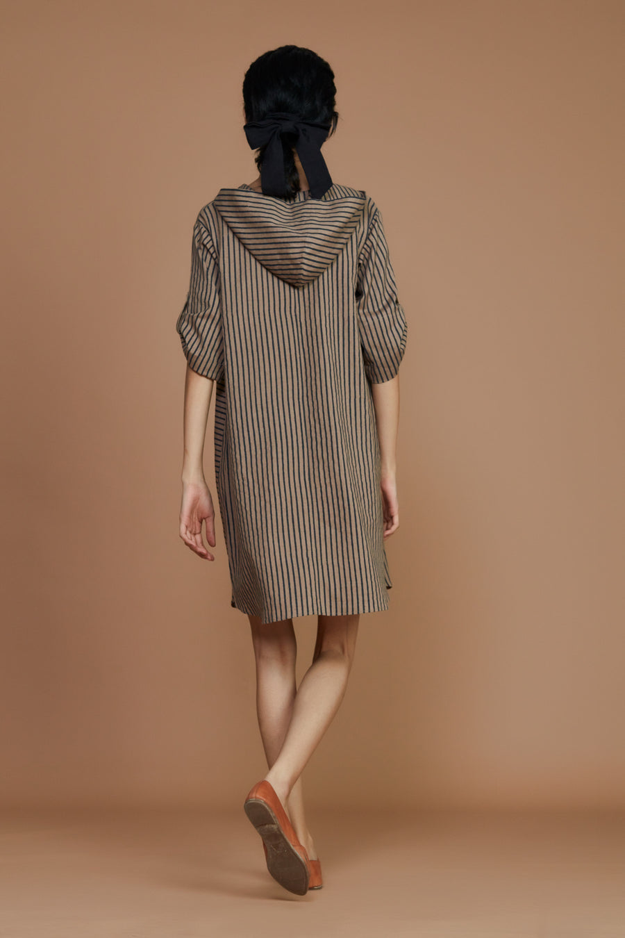 Brown With Charcoal Striped Hooded Dress