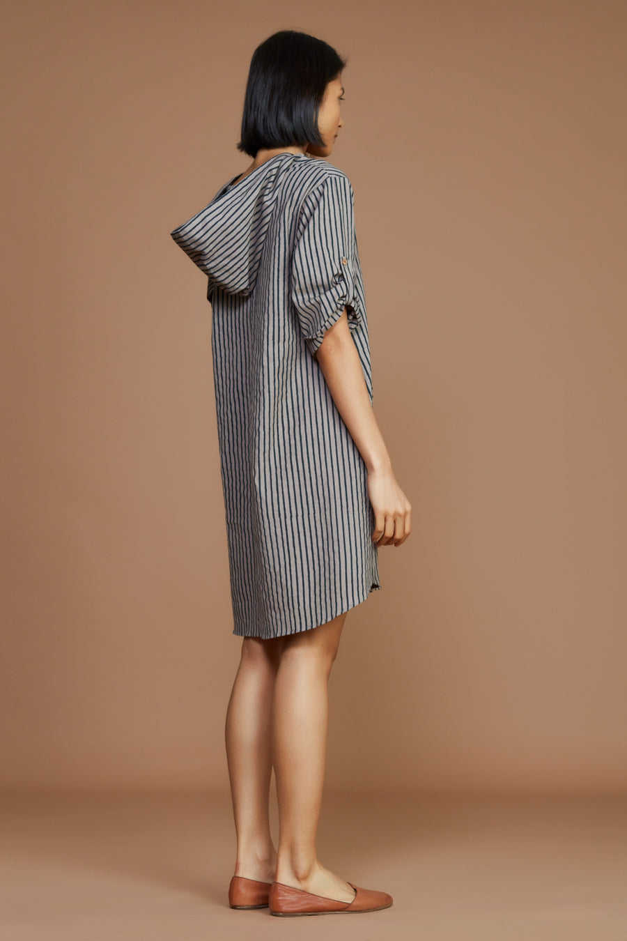 Grey With Charcoal Striped Hooded Dress