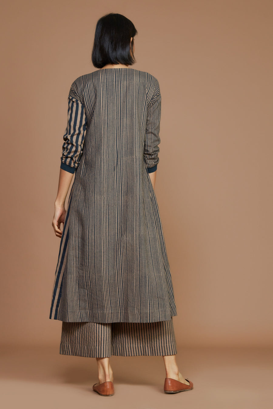 Brown With Charcoal Striped Pleated Dress