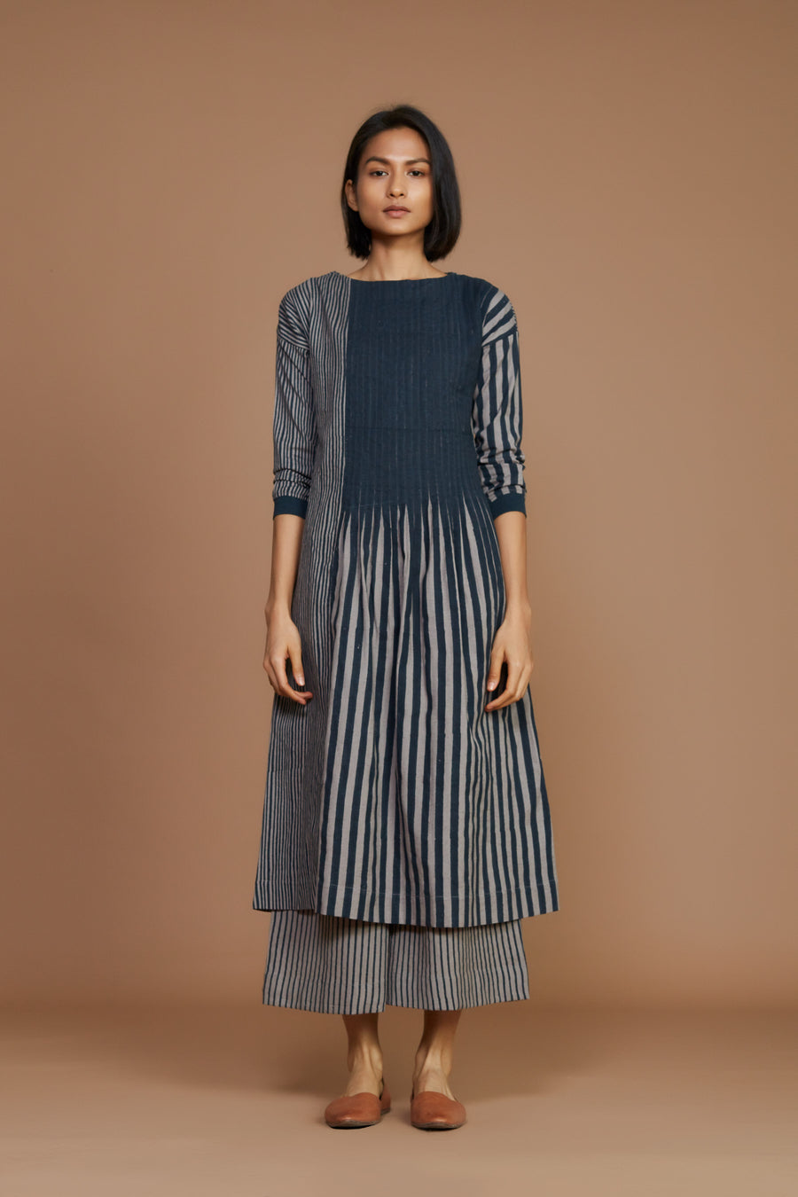 Grey With Charcoal Striped Pleated Dress