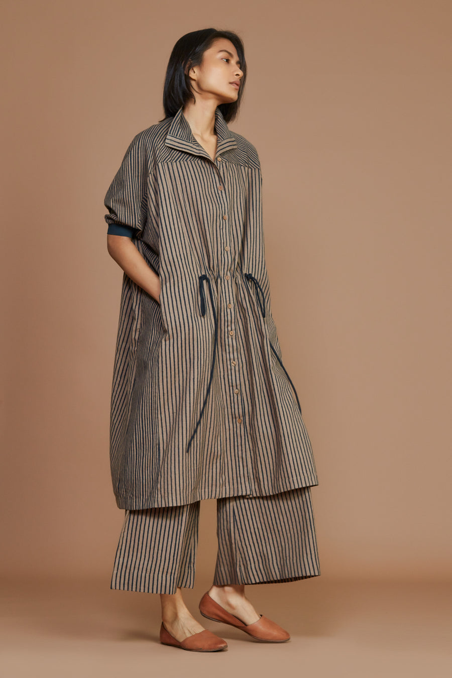 Brown With Charcoal Striped Kaftan Co-Ord Set