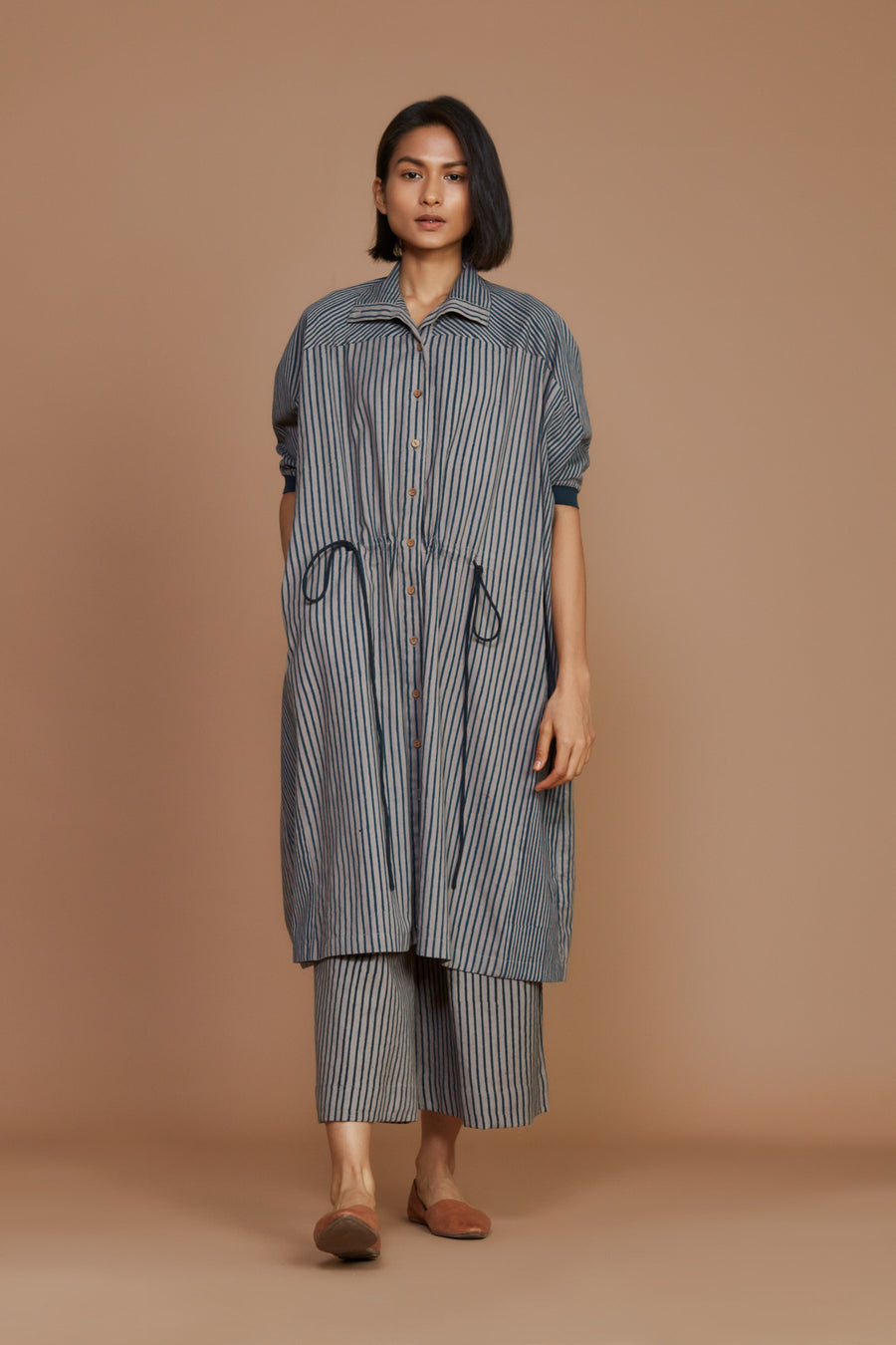 Grey With Charcoal Striped Kaftan Co-Ord Set