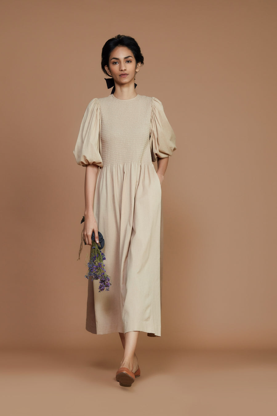Reversible Smocked Balloon Sleeve Beige & Ivory Dress