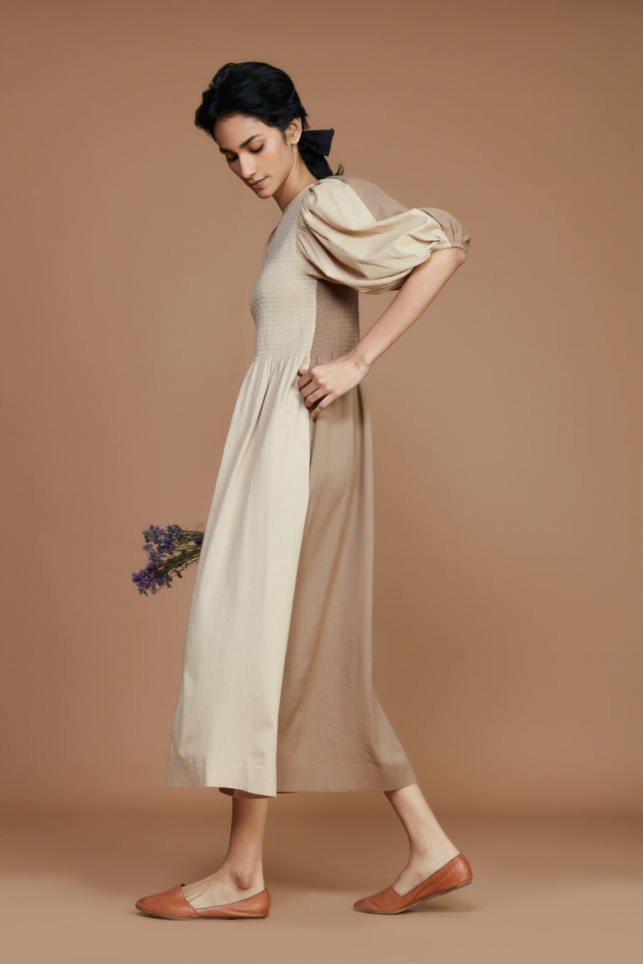 Reversible Smocked Balloon Sleeve Beige & Ivory Dress