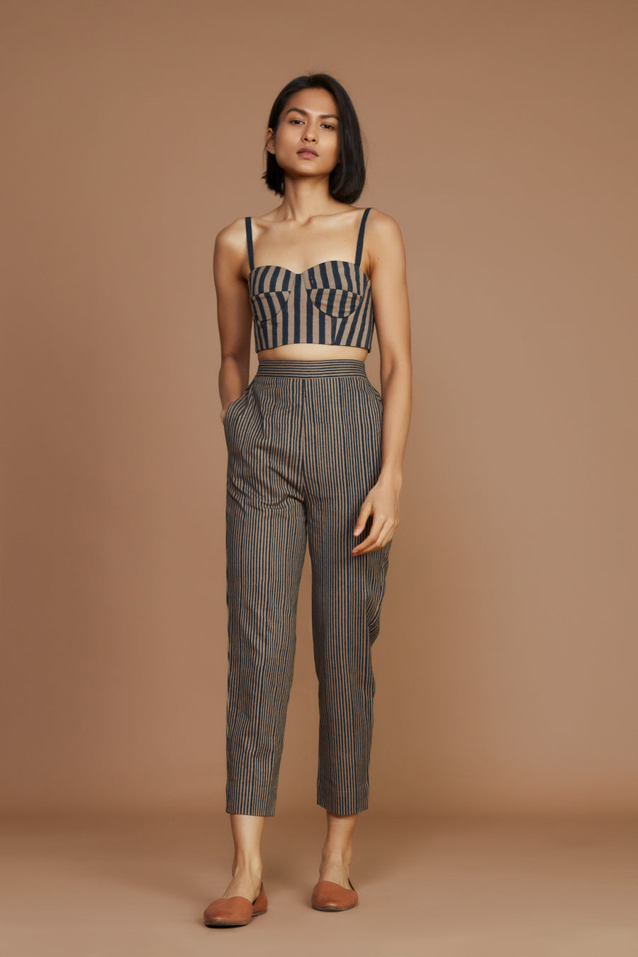 Brown With Charcoal Striped Corset & Pant Co-Ord Set(2 Pcs)