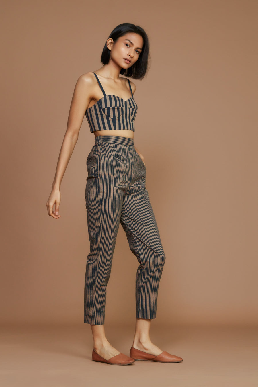 Brown With Charcoal Striped Corset & Pant Co-Ord Set(2 Pcs)