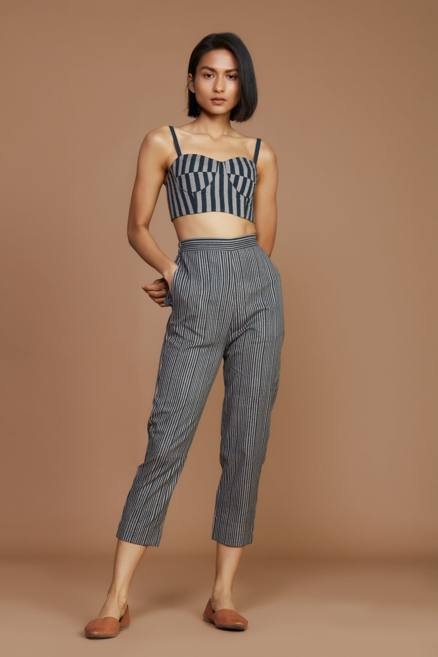 Grey With Charcoal Striped Corset & Pant Co-Ord Set(2 Pcs)