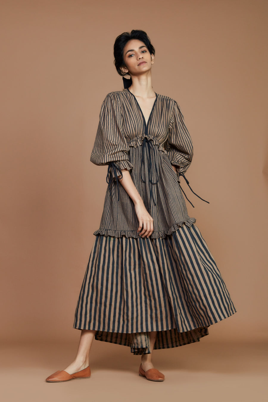 Tiered Frill Brown Striped Dress
