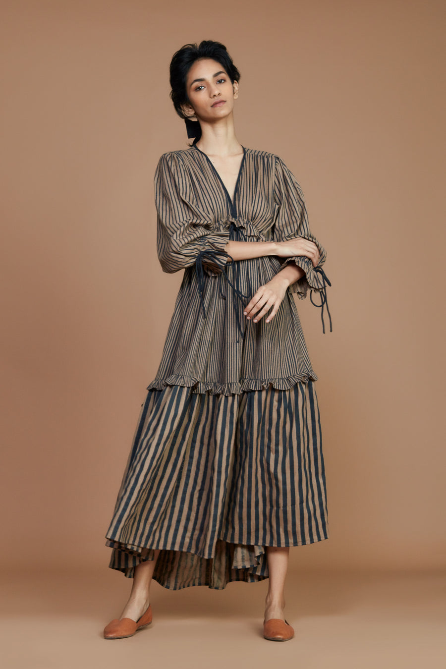Tiered Frill Brown Striped Dress