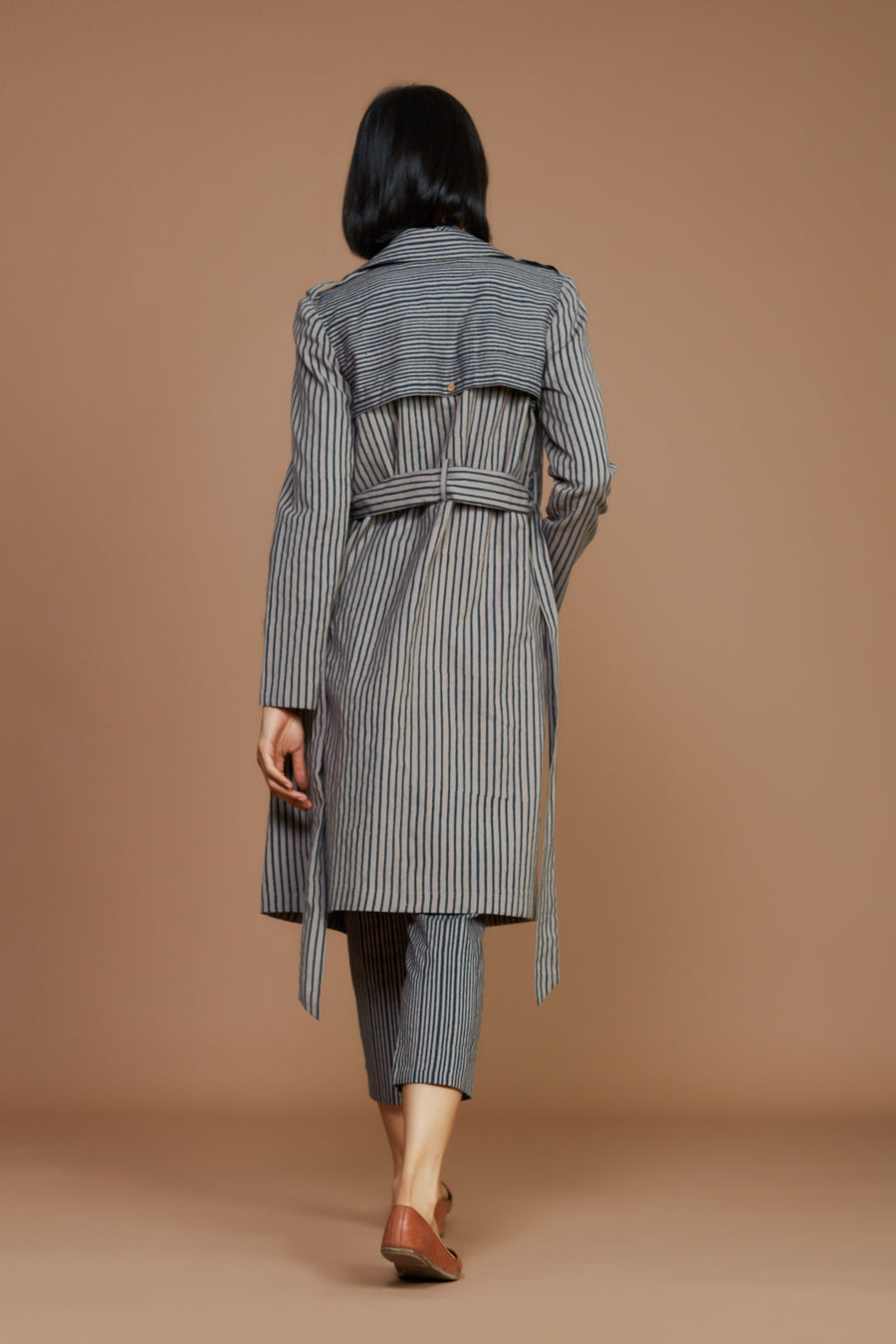 Grey With Charcoal Striped Trench & Corset Co-Ord Set (3 Pcs)