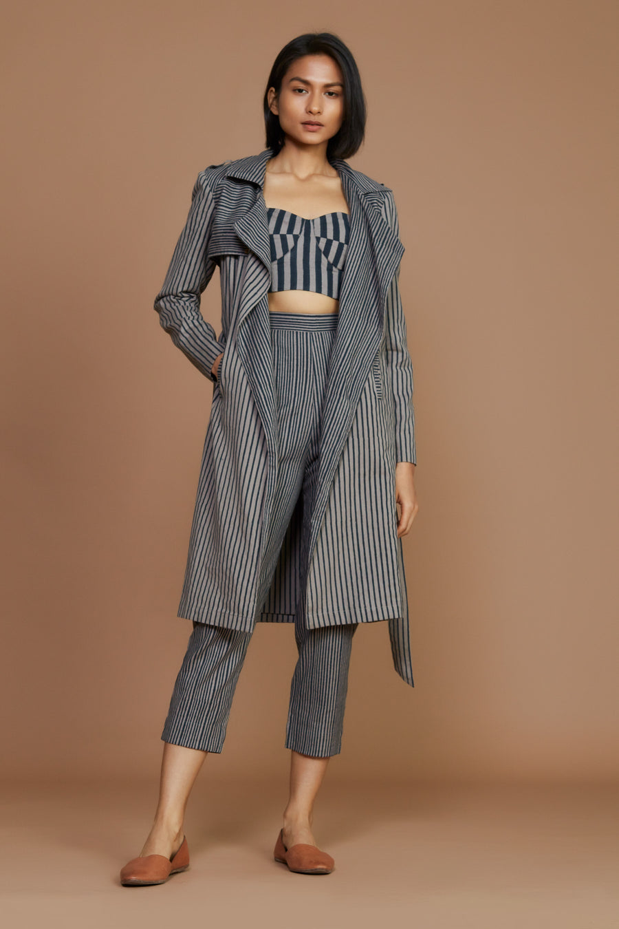 Grey With Charcoal Striped Trench & Corset Co-Ord Set (3 Pcs)