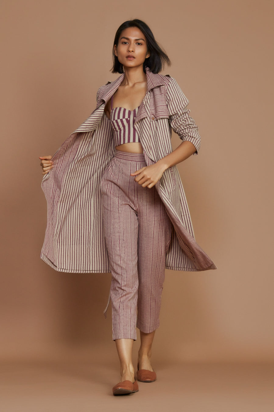 Ivory With Mauve Striped Trench & Corset Co-Ord Set (3 Pcs)