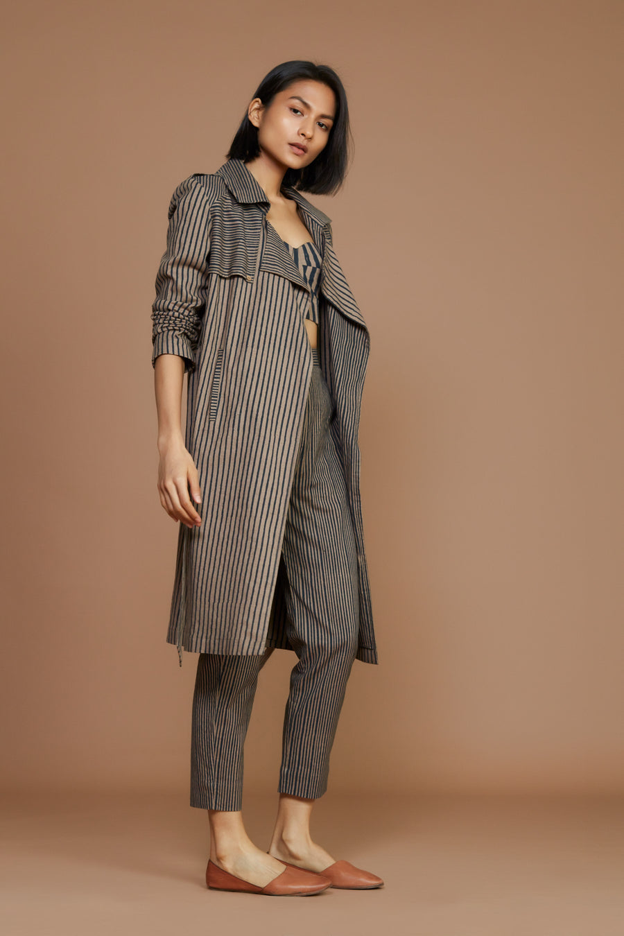 Brown With Charcoal Striped Trench Jacket
