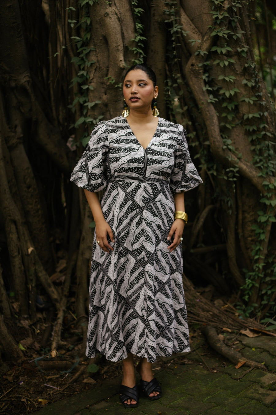 A Model Wearing Multicolor Pure Cotton Marty Midi Dress, curated by Only Ethikal