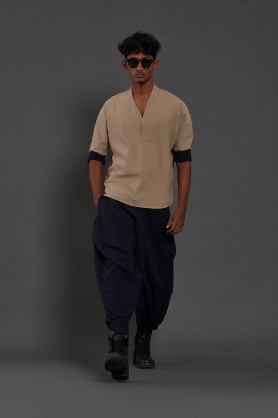 A Model Wearing Blue Pure Cotton Navy Blue Baggy Pants, curated by Only Ethikal