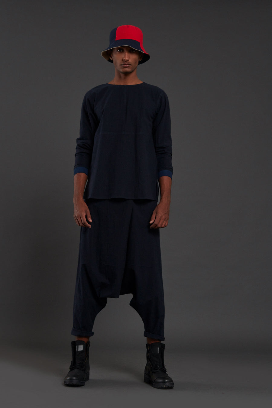 A Model Wearing Blue Pure Cotton Navy Blue Drop Crotch Pants, curated by Only Ethikal
