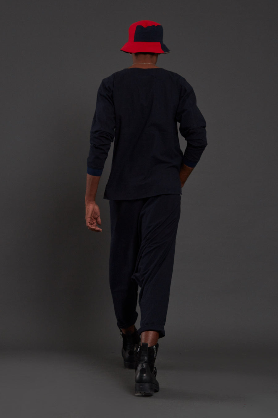 A Model Wearing Blue Pure Cotton Navy Blue Drop Crotch Pants, curated by Only Ethikal