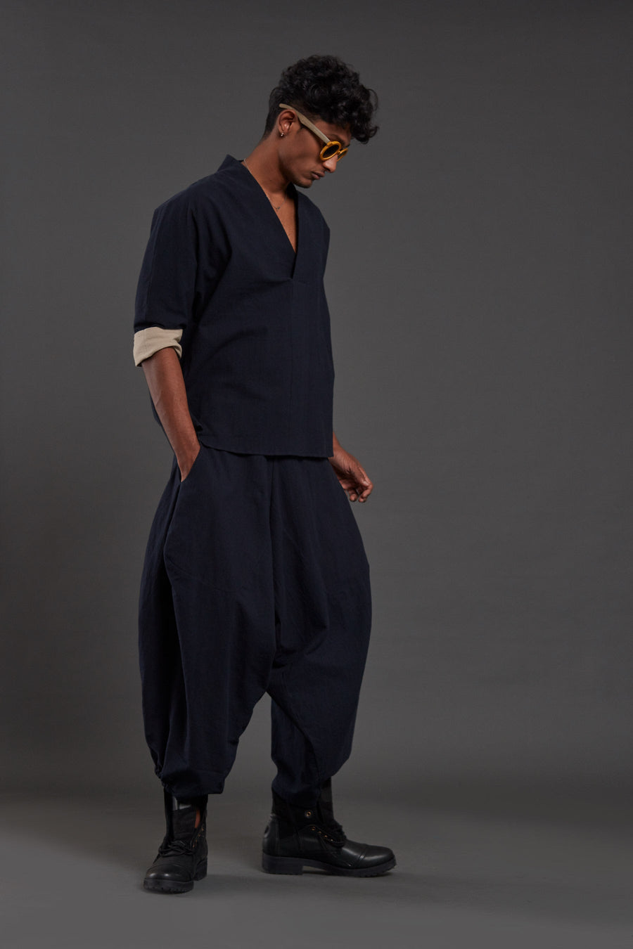A Model Wearing Blue Pure Cotton Navy Blue Overlap Baggy Set, curated by Only Ethikal