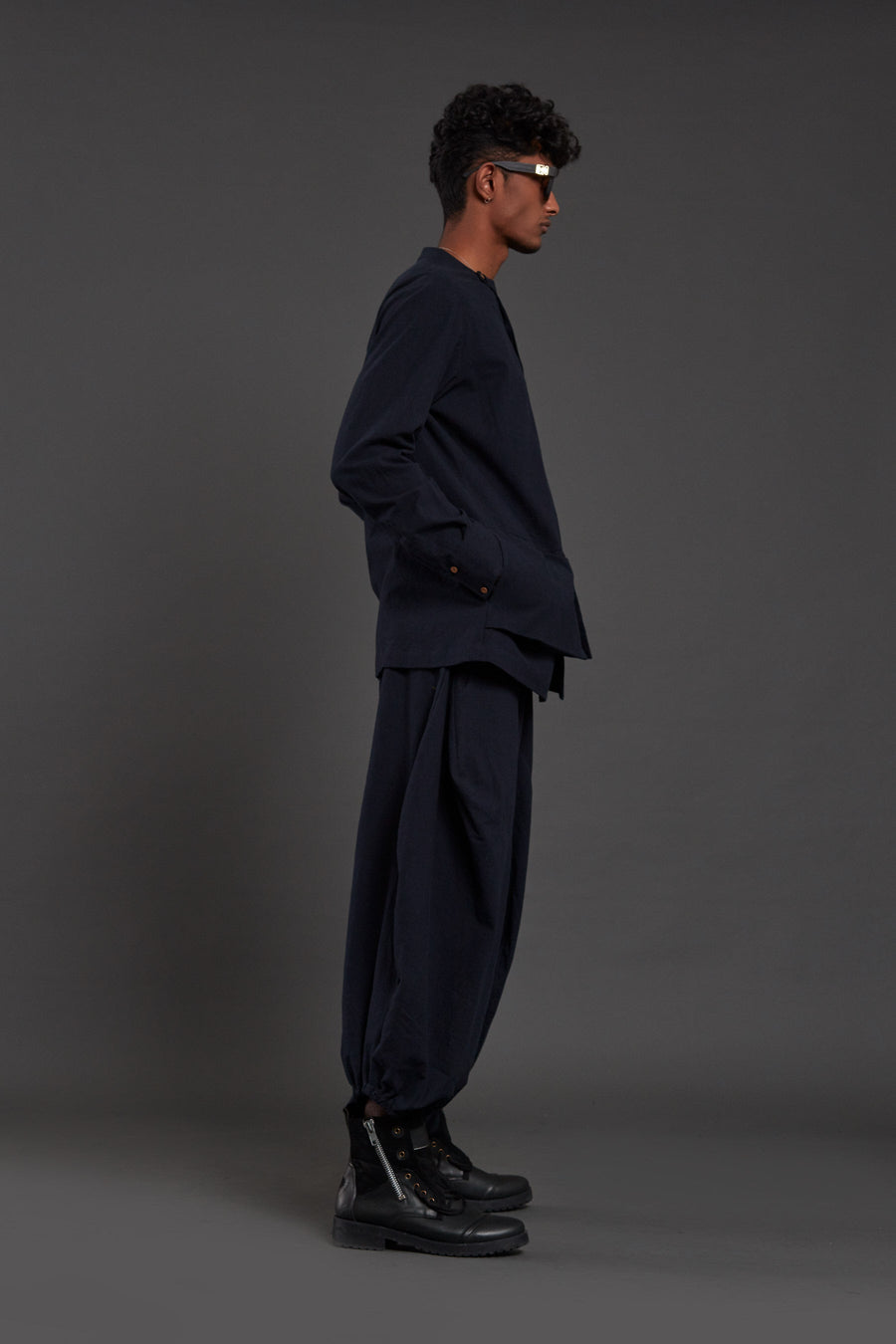 A Model Wearing Blue Pure Cotton Navy Blue Pocket Baggy Set, curated by Only Ethikal