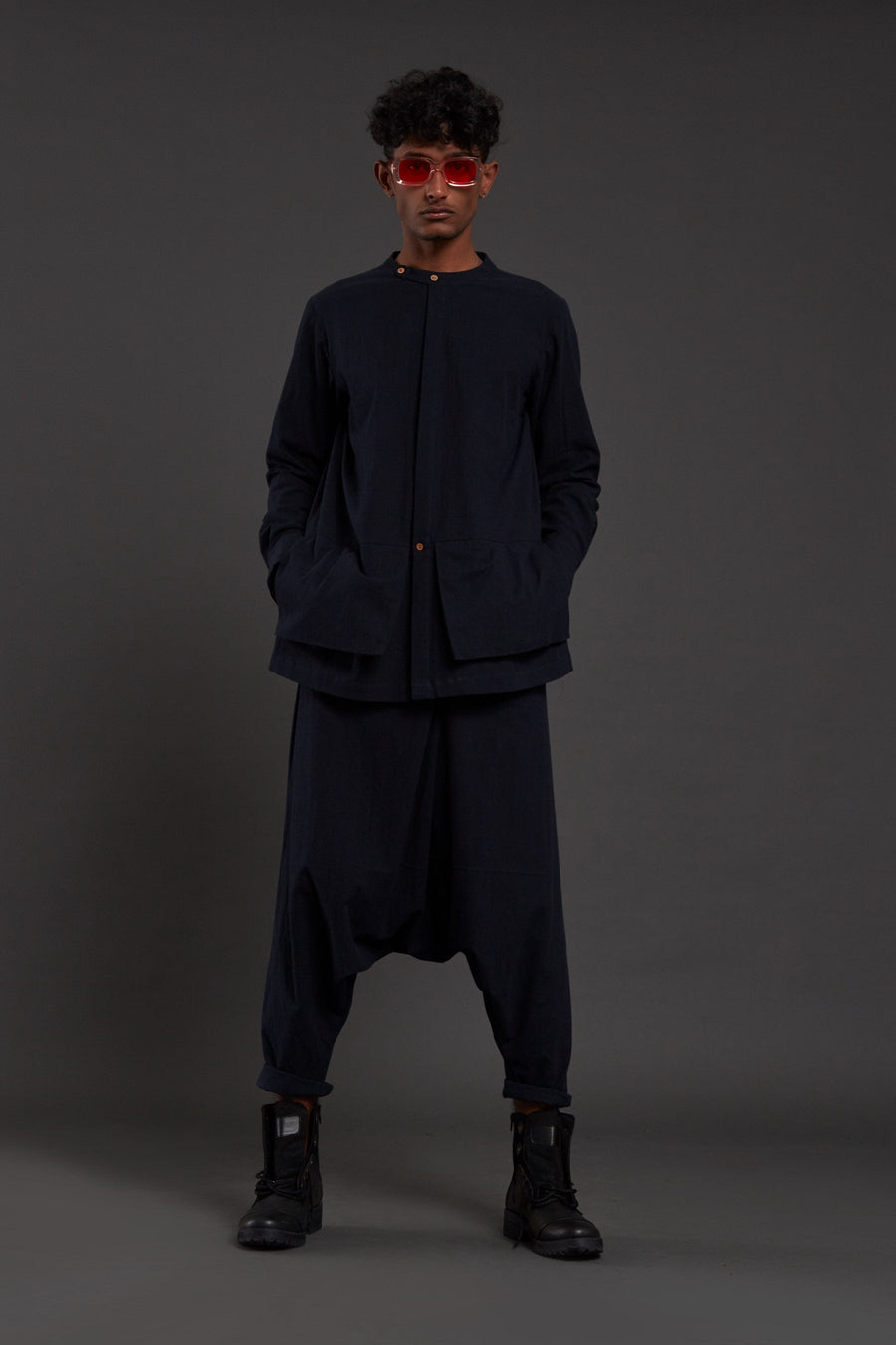 A Model Wearing Blue Pure Cotton Navy Blue Pocket Dc Set, curated by Only Ethikal