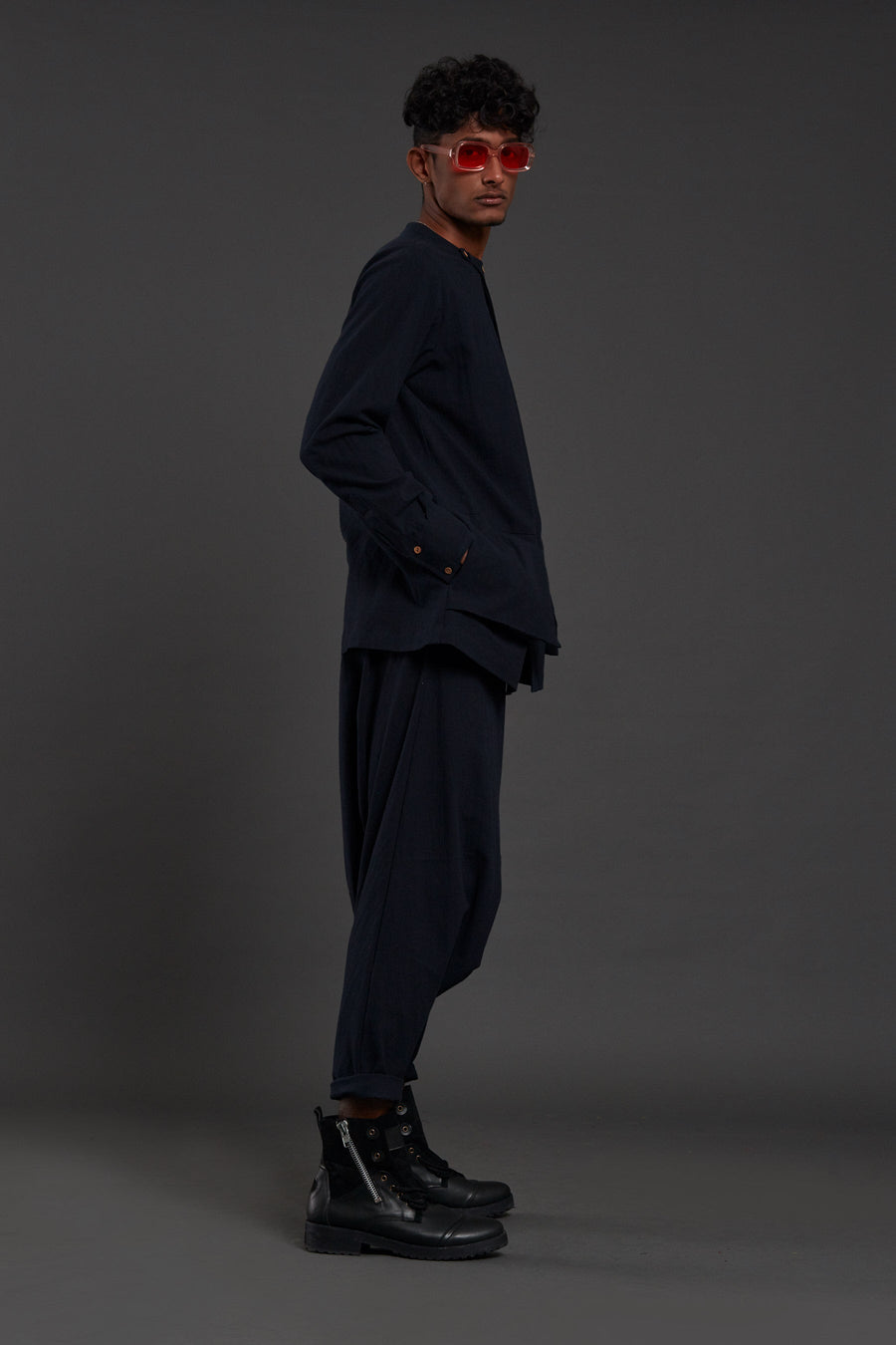 A Model Wearing Blue Pure Cotton Navy Blue Pocket Dc Set, curated by Only Ethikal