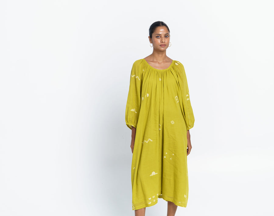 A Model Wearing Yellow Handwoven Cotton Ochre Scoop-Neck Gathered Dress, curated by Only Ethikal