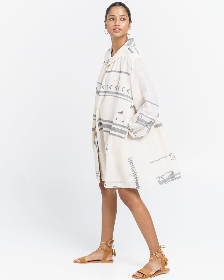 A Model Wearing White Handwoven Cotton Oversized Abstract Shirt Dress, curated by Only Ethikal