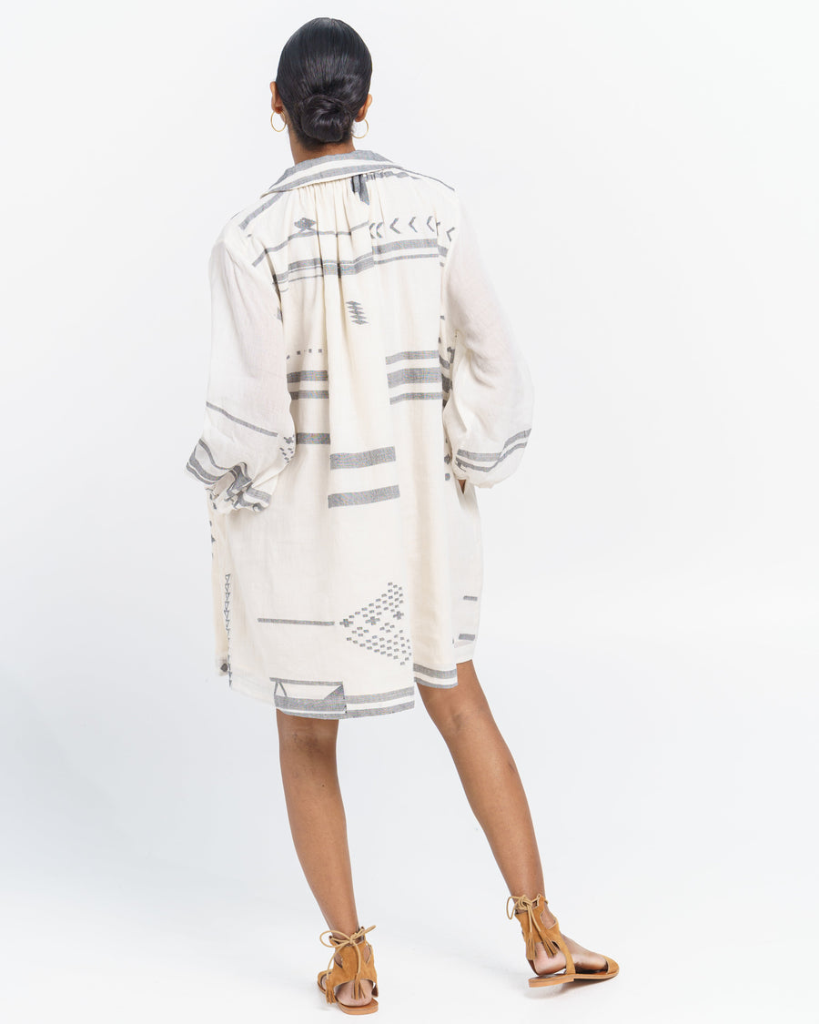 A Model Wearing White Handwoven Cotton Oversized Abstract Shirt Dress, curated by Only Ethikal