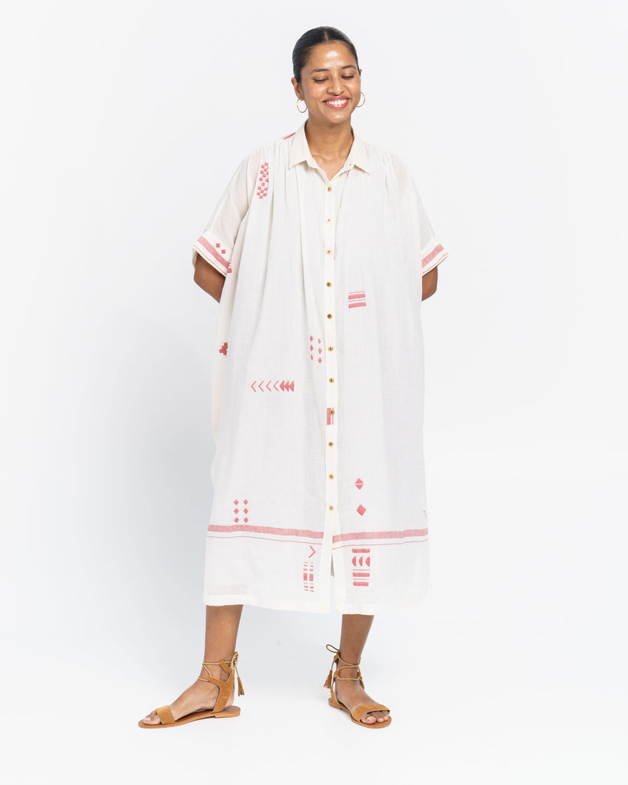 A Model Wearing White Handwoven Cotton Oversized Long Shirt Dress, curated by Only Ethikal