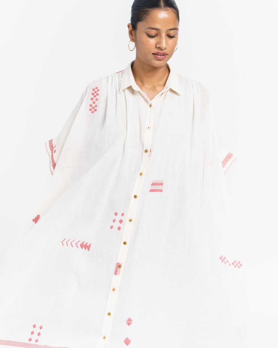 A Model Wearing White Handwoven Cotton Oversized Long Shirt Dress, curated by Only Ethikal