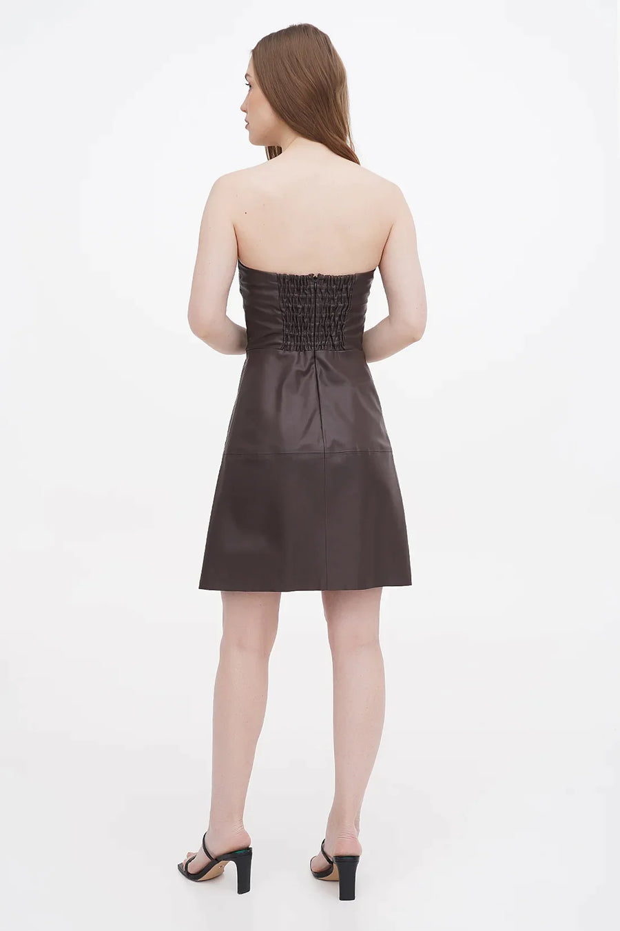 A Model Wearing Brown Organic Cotton Organic vegan leather strapless dress, curated by Only Ethikal