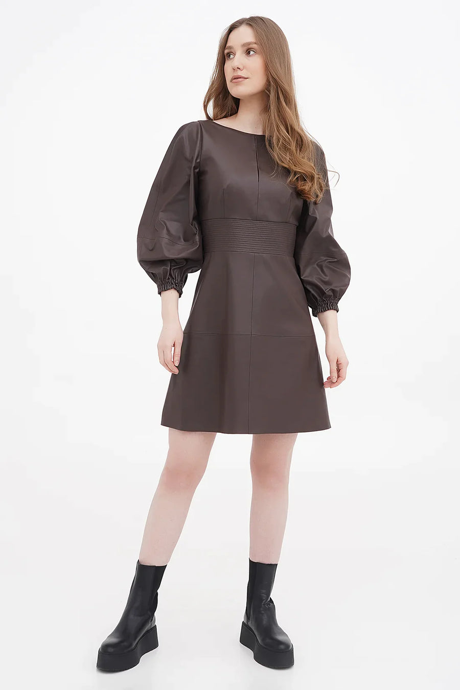 A Model Wearing Brown Organic Cotton Long sleeve organic vegan leather dress, curated by Only Ethikal