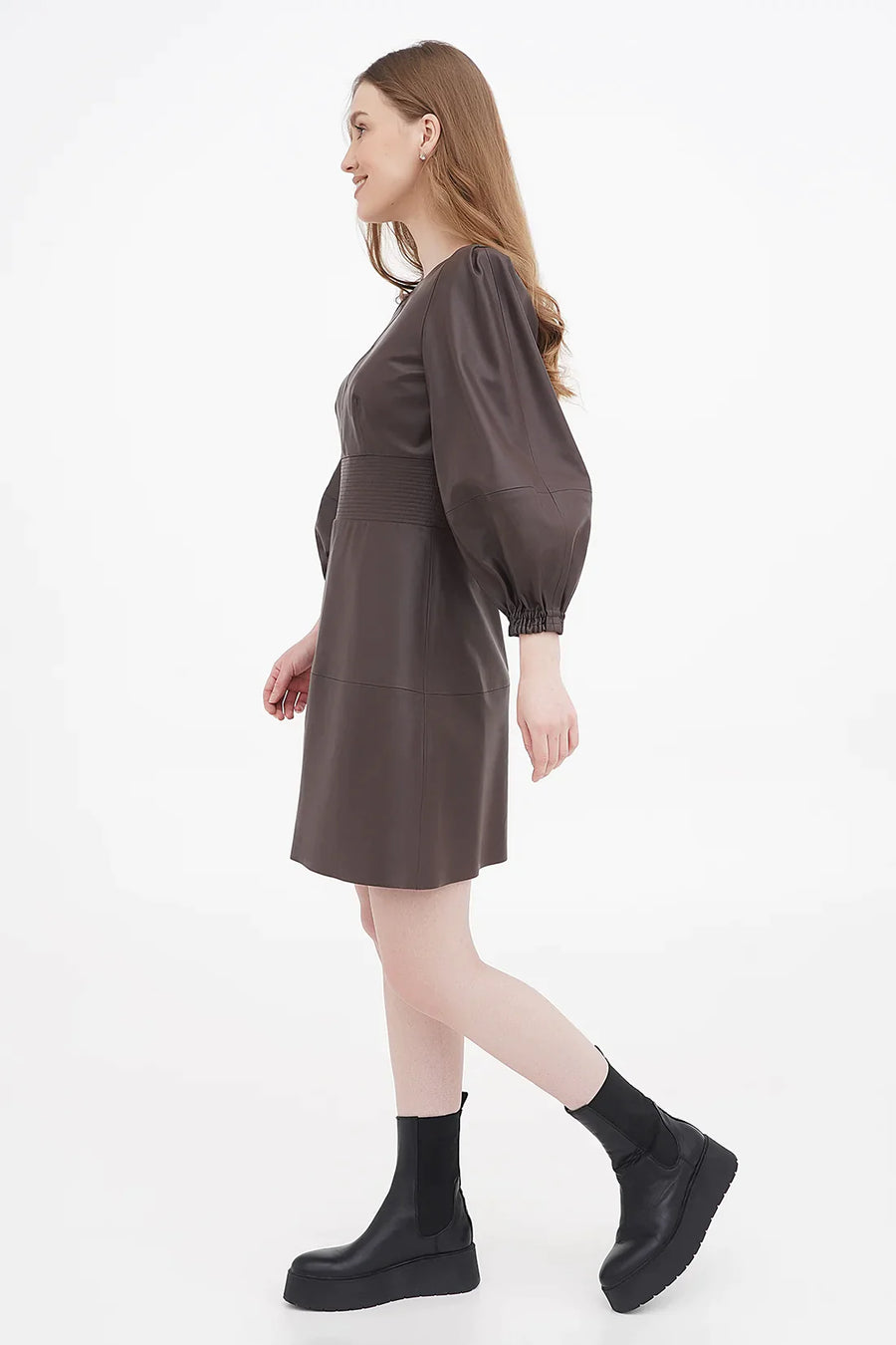 A Model Wearing Brown Organic Cotton Long sleeve organic vegan leather dress, curated by Only Ethikal