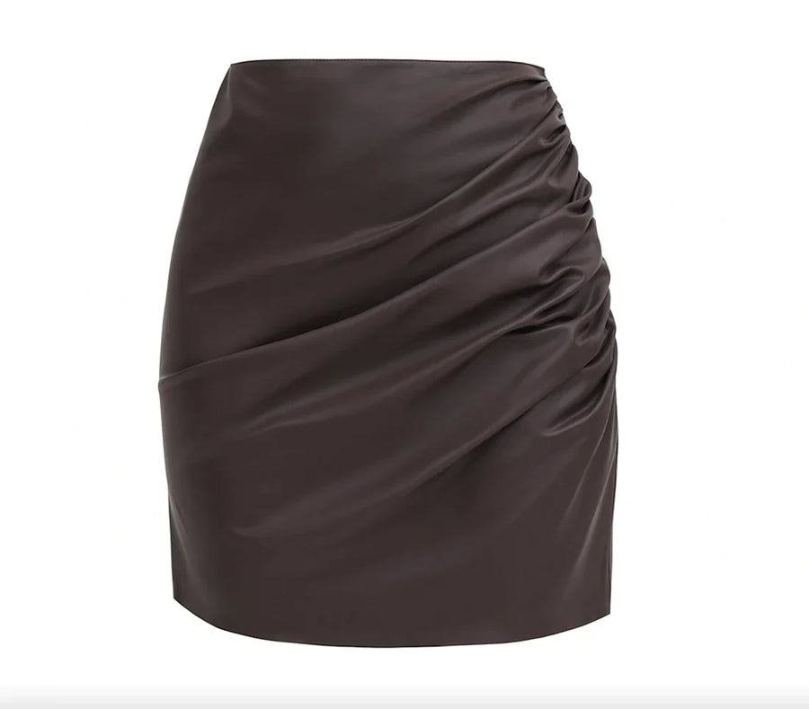 A Model Wearing Brown Organic Cotton Organic vegan leather skirt with drapery, curated by Only Ethikal