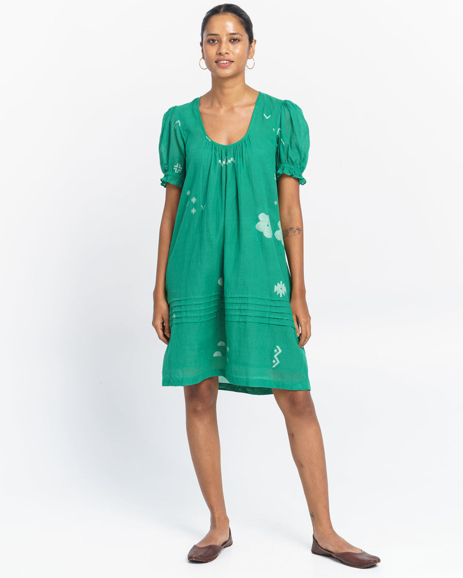 A Model Wearing Green Handwoven Cotton Pool Green Puffy Sleeve Dress, curated by Only Ethikal