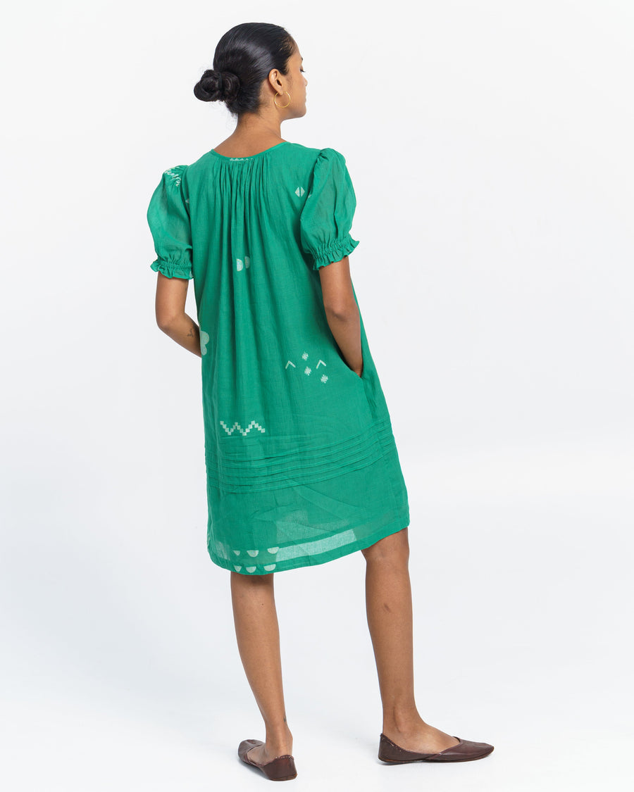 A Model Wearing Green Handwoven Cotton Pool Green Puffy Sleeve Dress, curated by Only Ethikal