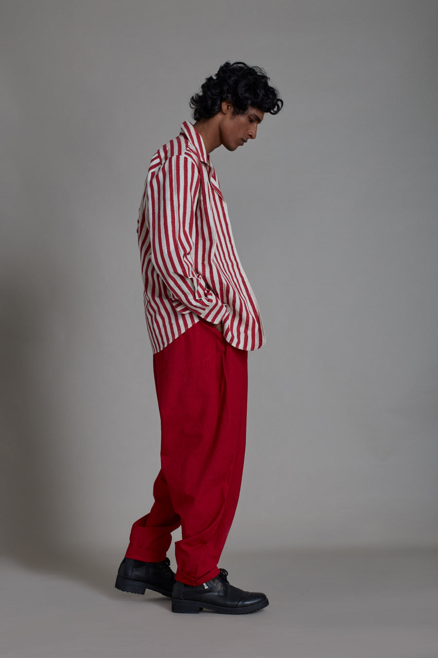 A Model Wearing White Pure Cotton Red Striped Taash Set-3 Pcs, curated by Only Ethikal