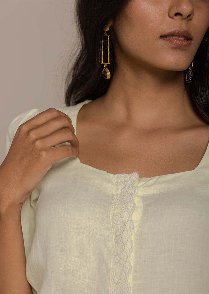 Cherry Square Neck Embroidered Top - Butter Lemon - onlyethikal